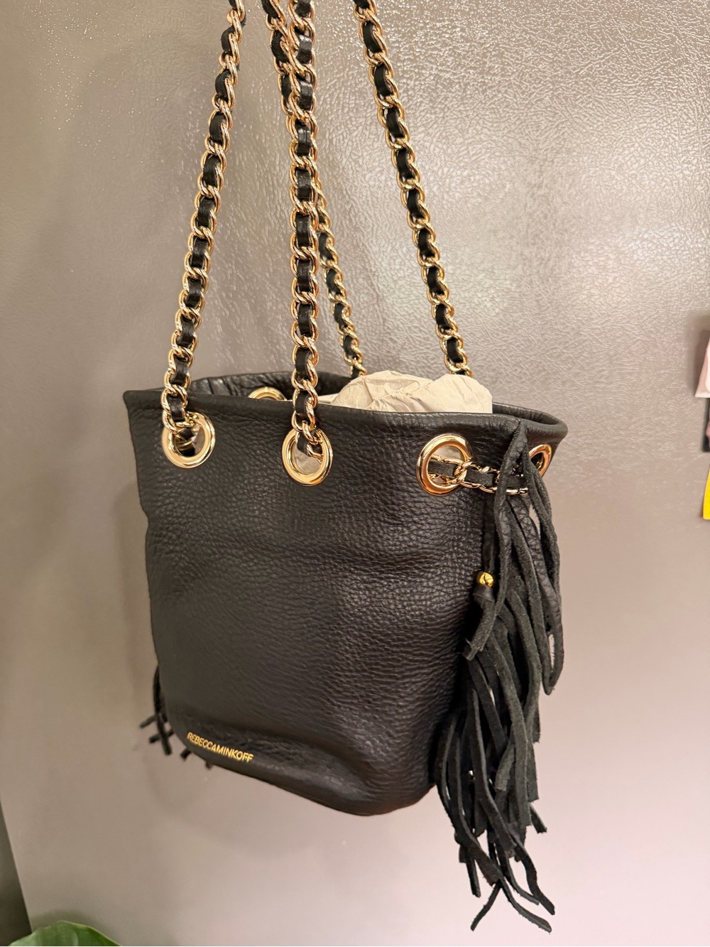Rebecca Minkoff Black Leather Fringe Bucket Bag with Gold Chain - Picture 2 of 14